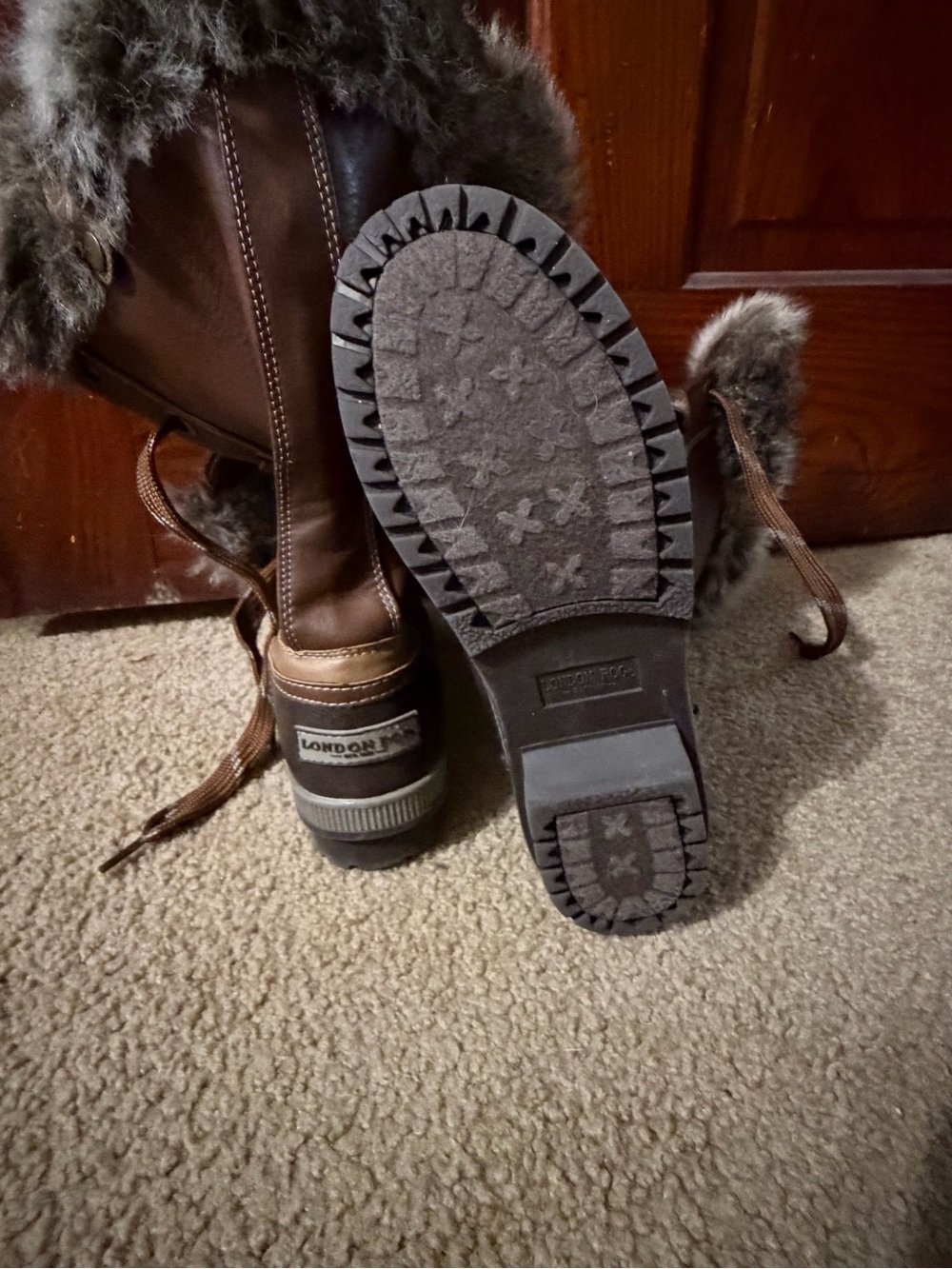 London Fog Brown Faux Fur-Trim Lace-Up Boots